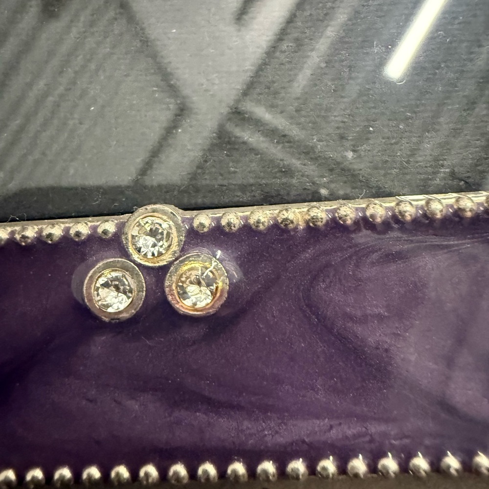 Silverplated Metal Purple Enamel  Rhinestone Trimmed Photo Frame 8-1/2 x 6-1/2” - Picture 2 of 8